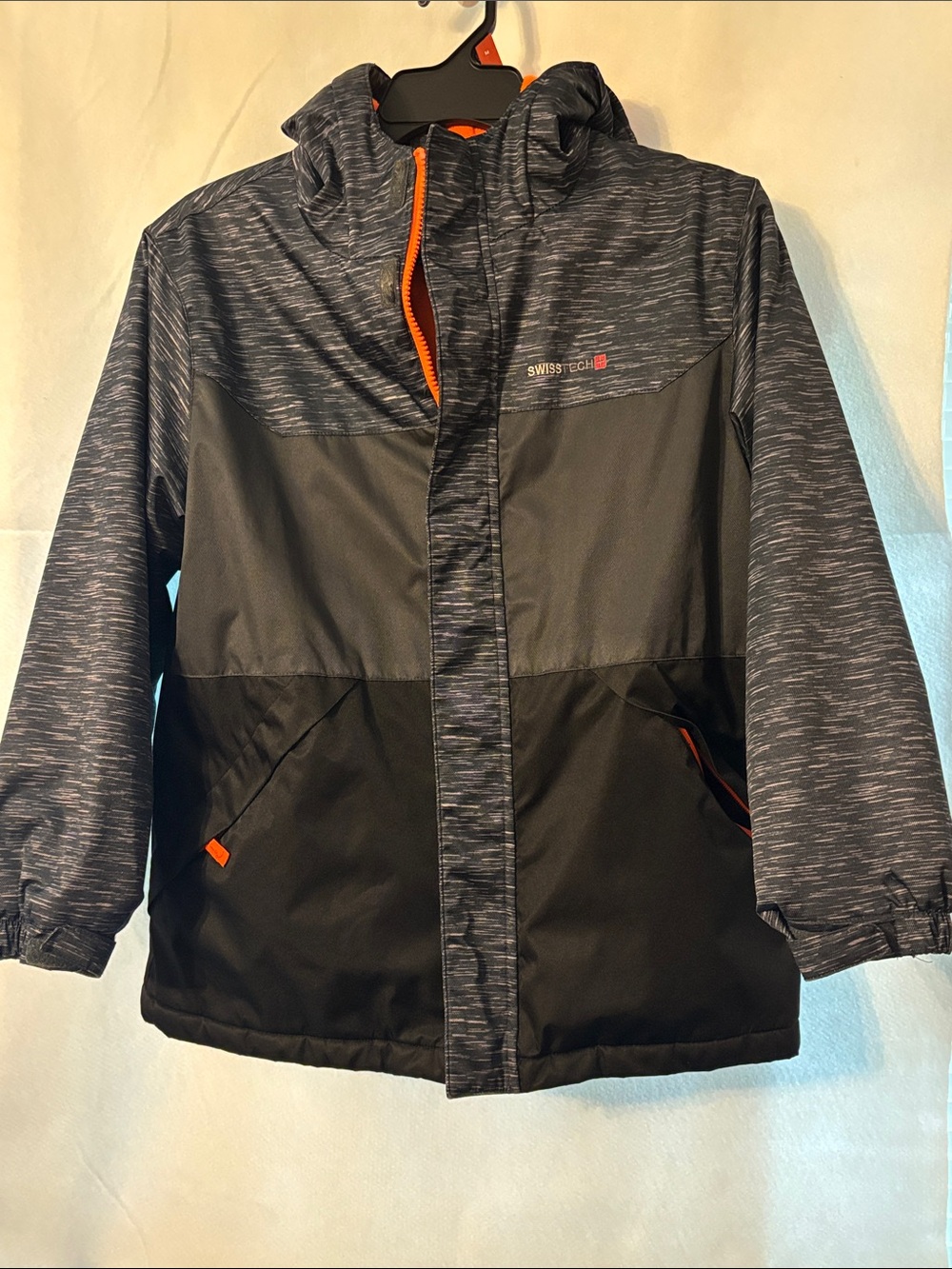 Swiss Tech Boys' Hooded Black & Heathered Gray Puffer with Orange Accents 10-12